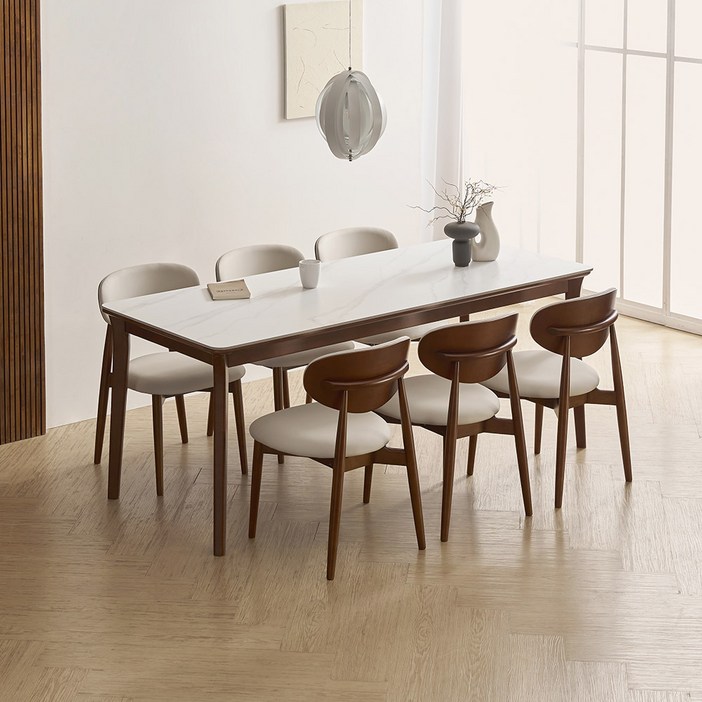 라로퍼니처 플레인 1900 포세린 통 세라믹 6인 고무나무 원목 식탁 세트 화이트 / 그레이 상판