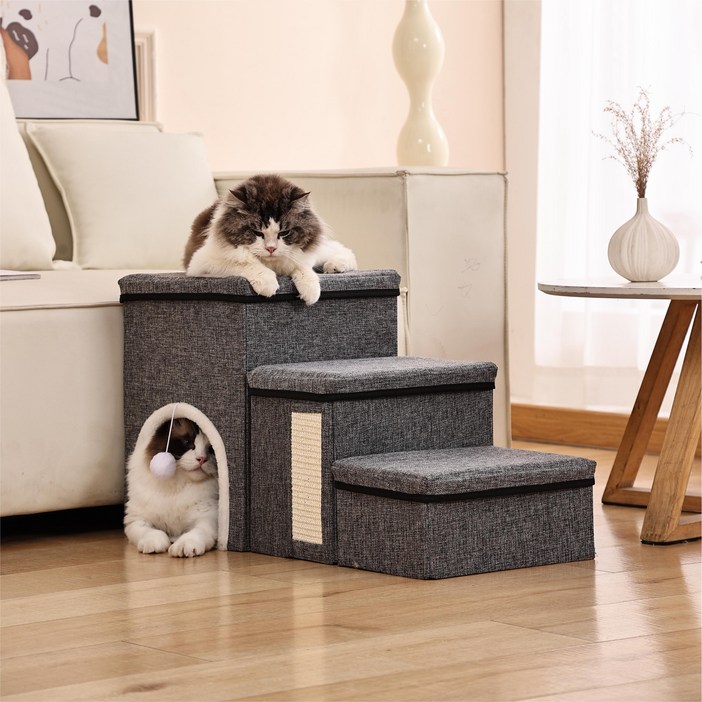 Zebeer 3단 애견 계단 하우스 수납형 미끄럼 방지 접이식 애견 계단, 그레이, 1개3단