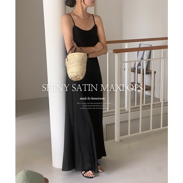 NEW컬러추가루어스룸 샤이니 새틴 실크 슬립 스트랩 민소매 나시 뷔스티에 a라인 플레어 빅사이즈 임산부 맥시 롱 원피스