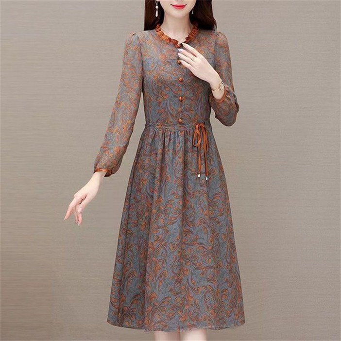 besteffie 여성 중년 여름 플라워 패턴 A라인 원피스 7부소매 간편한 디자인 하이나넥 레트로 패션 드레스 K92