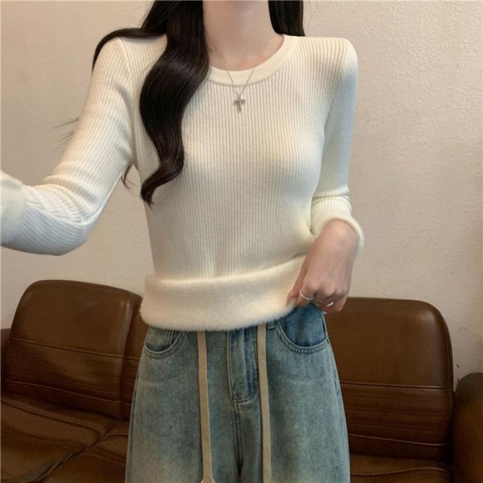 여성 기모 라운드 여리핏 베이직 슬림 니트 SSH  패션상의 여자니트 데일리상의