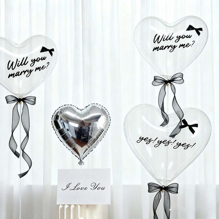 하트 풍선 세트 셀프 웨딩 촬영 소품, 웨딩 풍선,프로포즈 풍선,1세트, 투명풍선블랙리본