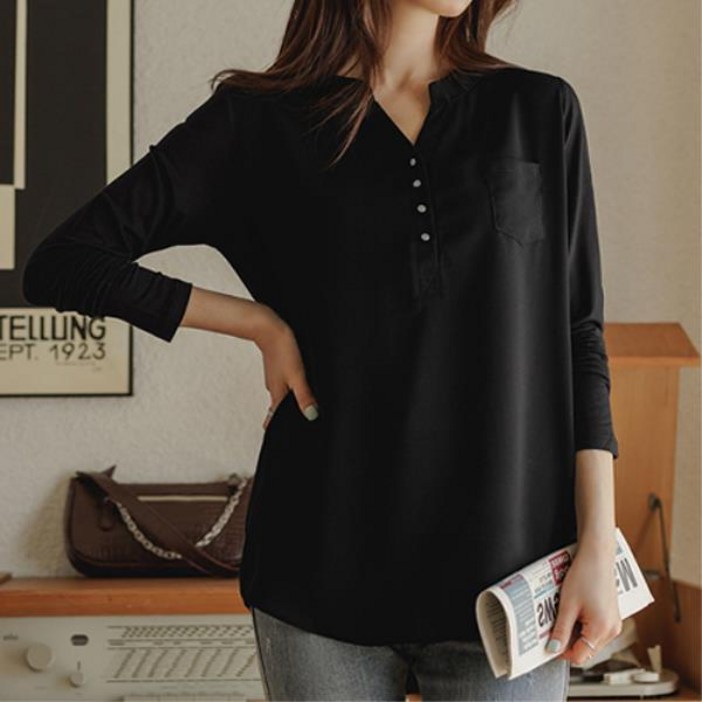 마이더스비 편안 포켓 긴팔 블라우스 티