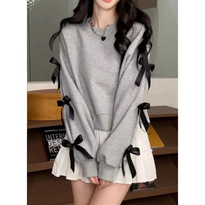 [D블리] 리본 소매 시보리 기모 맨투맨 오버핏 루즈핏 긴팔티
