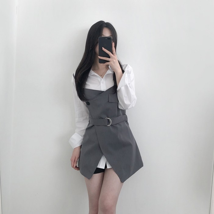 여성 루즈핏 롱셔츠 나시 랩 미니 벨트 뷔스티에 원피스 세트