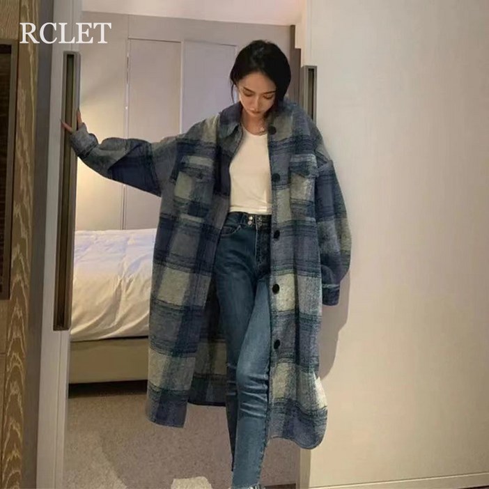 RCLET 여성 블루 체크 롱 코트 오버핏 두꺼운 셔츠 아우터 트렌치 모직 코트 봄가을 데일리