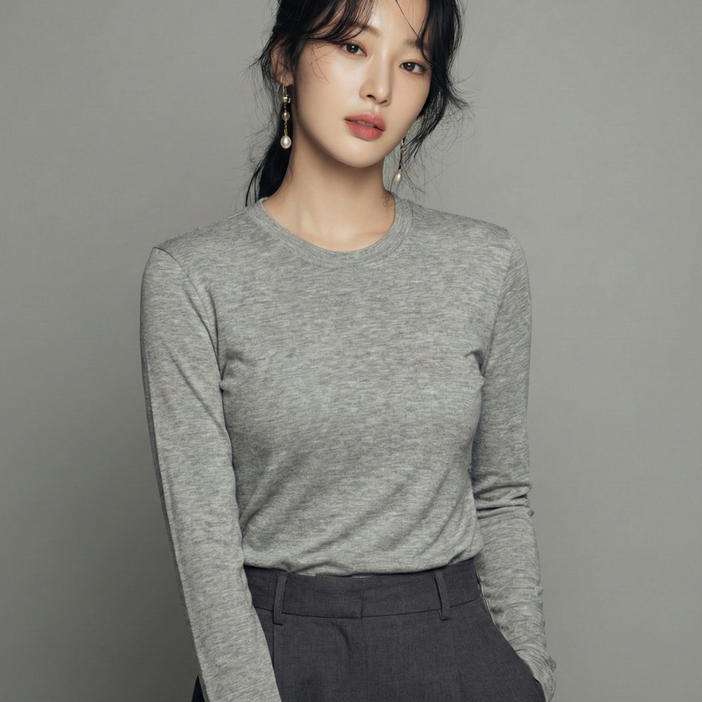 로비엘 프리미엄 텐셀 울혼방 라운드넥 긴팔 데일리 기본티