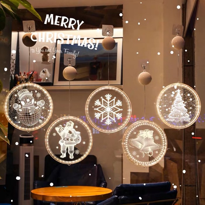 소록소록 크리스마스 창문 트리 소품 유리 벽 부착 LED 조명 장식 윈도우 무드등, 산타