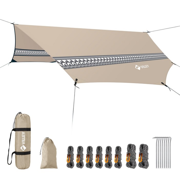 VILLEY 팔각형 다용도 방수 자와선 차단 캠핑 타프 2-4인용, 카키