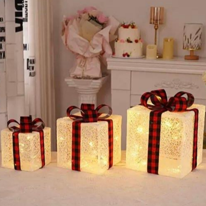 굿도우 크리스마스 선물상자 3종세트 LED 조명 장식 25/26, 1세트, D.화이트 체크리본
