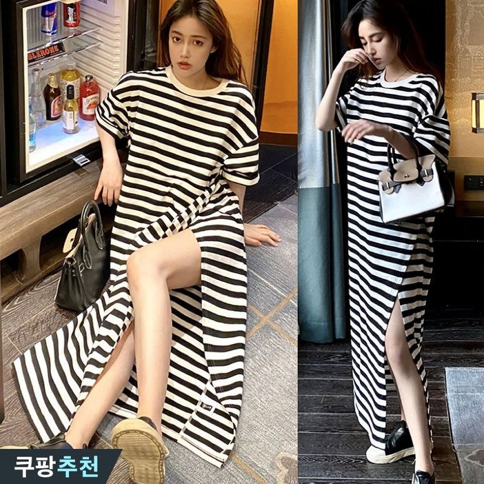 매진 임박 100kg까지 빅사이즈 여성 옆트임 줄무늬 날씬해보이는 반팔 롱 원피스 여름 편한 냉장고 시원한 모던 캐쥬얼 심플 베이직 박스 루즈핏 일자핏 무지 데일리 코디 원피스