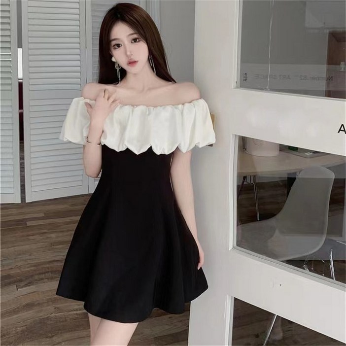 besteffie 미니원피스 보트넥 프릴 러플원피스 흑백 배색 고급스러운 빅사이즈 공주초미니원피스 C55
