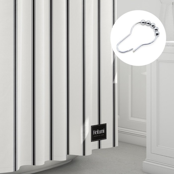 프리미엄 패브릭 방수 샤워 커튼  스텐 커튼 링 12p, 1개, 블랙 스트라이프