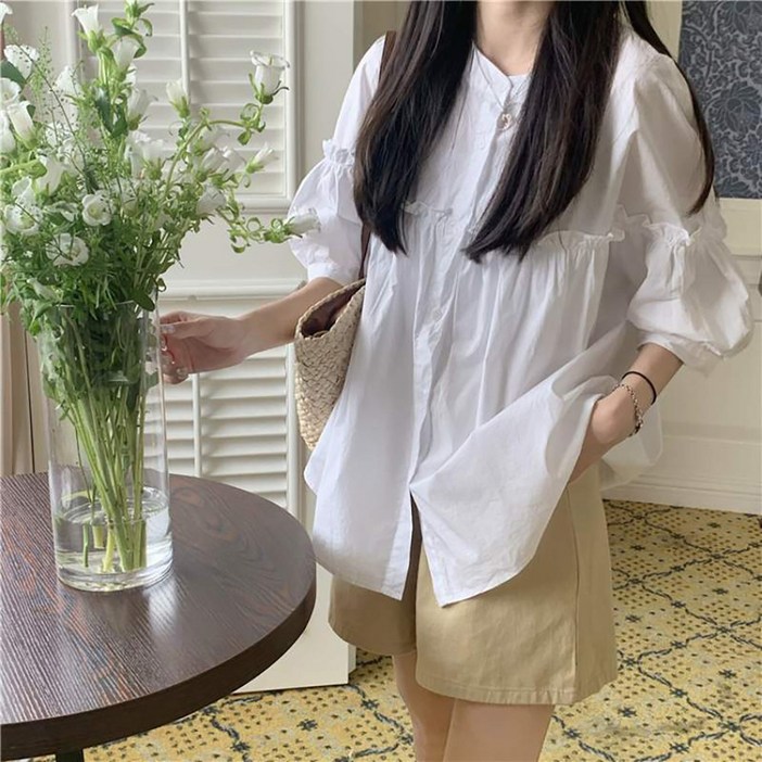 여성 빅사이즈 루즈핏 프릴 7부 나그랑 셔츠 블라우스