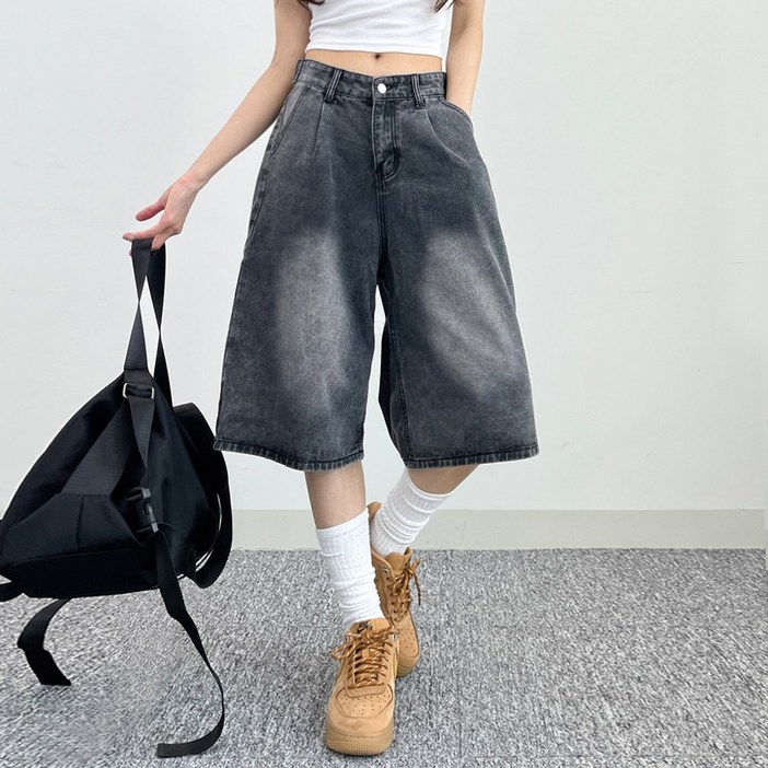 소유진 여성용 버뮤다 와이드 핀턱 허리 조절 버튼 데님 반바지 2color