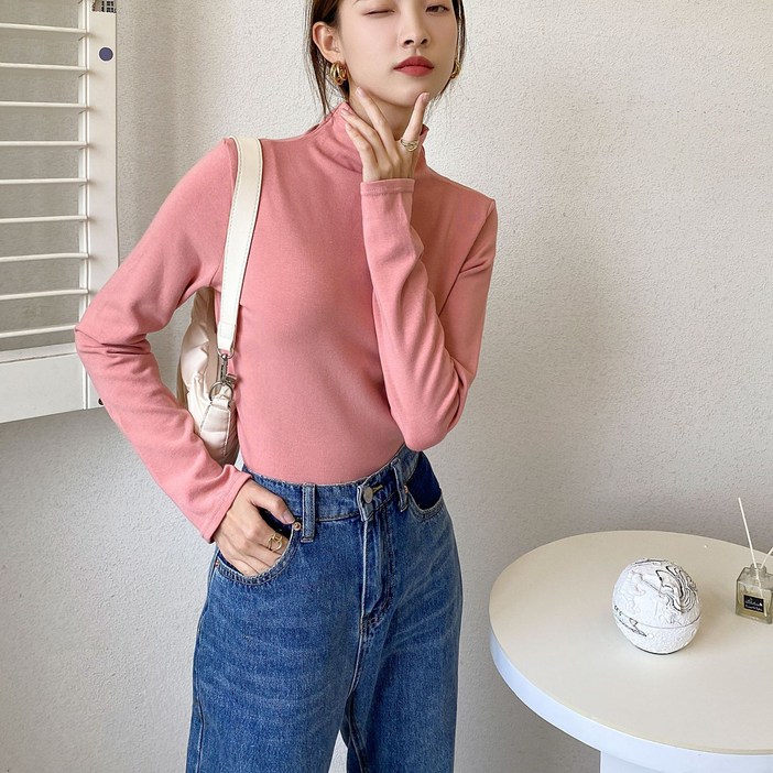 높은 목 긴 소매 느슨한 조커 슬림 백업 니트