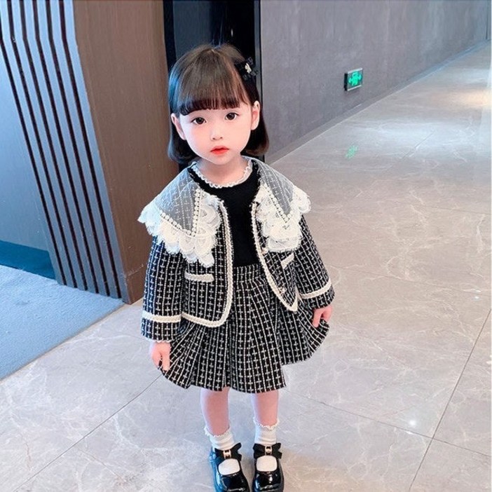 해피델리 클라라 네크라인케이프 투피스 트위드 자켓 레이스 하객룩 블랙 트위드룩