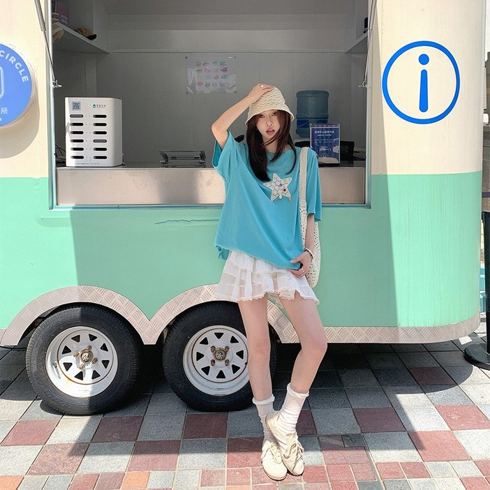 hi crazy 여름 여성 레이스 장식 별 프린트 티셔츠 오버핏 날씬해 보이는 라운드 티셔츠