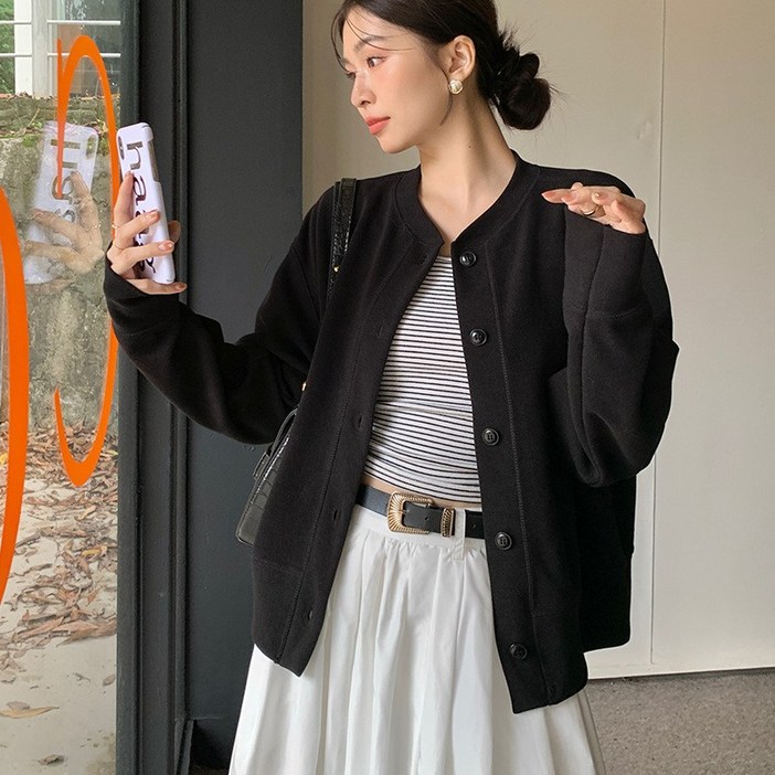 천하오 가을 여성 긴 소매 가디건  솔리드 라운드 코트 TZ366