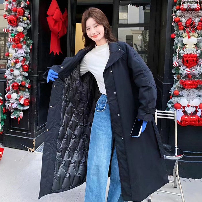 BIKASU 여성 겨울 패션 빅사이즈 롱 패딩 트렌치 코트 루즈핏 캐주얼 따뜻한 경량 패딩