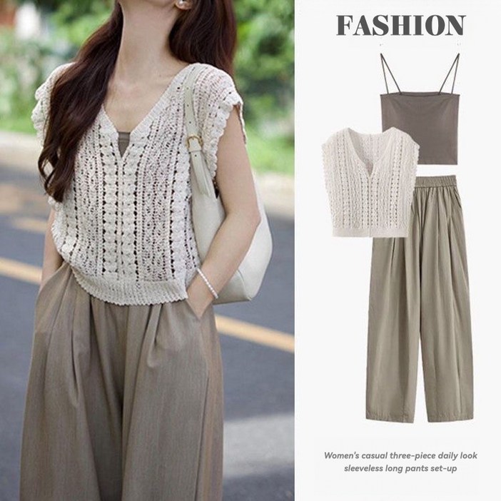 여성 쓰리피스 셋업 여름 브이넥 세트 민소매 캐주얼룩