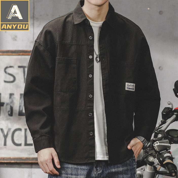 ANYOU 남성용 가을 빅사이즈 긴팔셔츠 자켓 오버핏 긴팔 셔츠 빈티지 캐주얼 스타일 3컬러