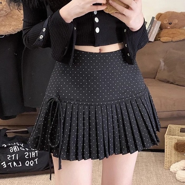 해피유통  여성 빈티지 스타일 점무늬 스커트 봄 가을 귀여운 학생 미니 주름 치마bsq