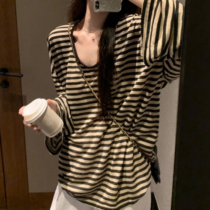 후암마켓 오버핏 브라운 스트라이프 여성 긴팔 박스 티셔츠