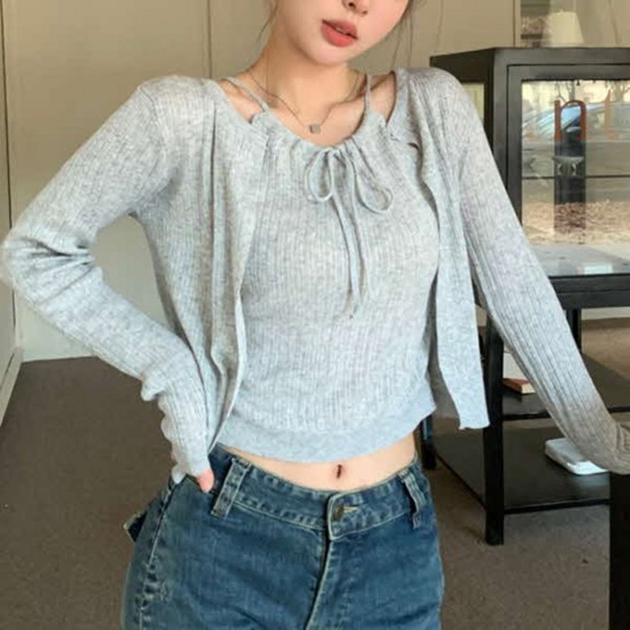 여성 홀터 나시 가디건 니트 세트 HHE51