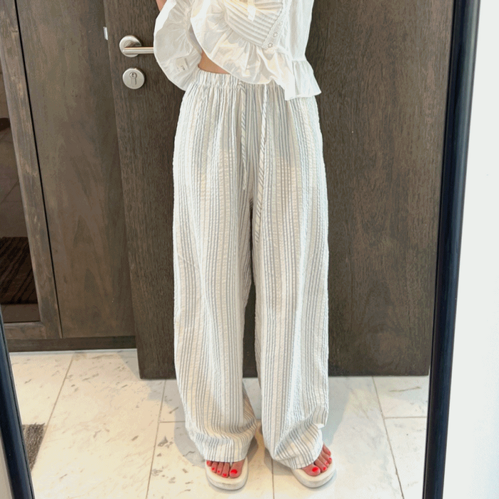 시어서커 줄지 여름 스트라이프 와이드 롱 밴딩 팬츠 2color 비치웨어