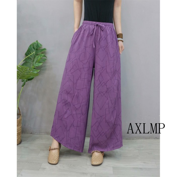 실제 촬영 2025 여름 신상 문예 면마 프린트 스트레이트 와이드 팬츠 여성 신축성 허리 다용도 9분 팬츠