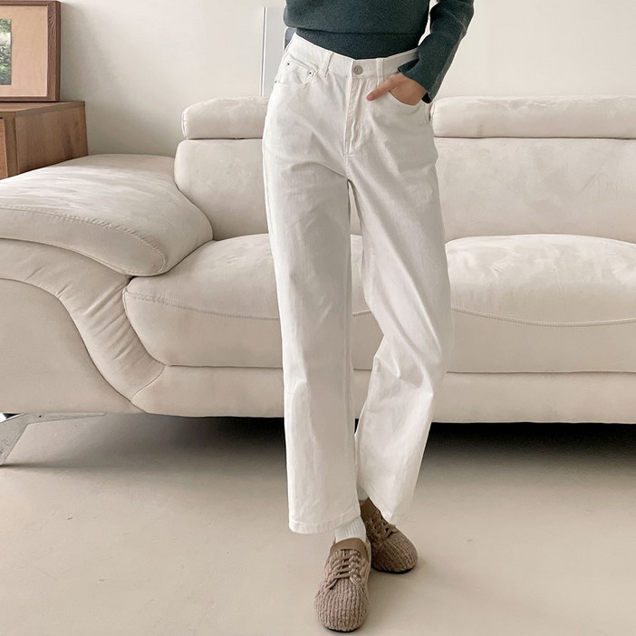 루나진 여성용 편한스판 와이드핏 화이트 데님 여름 팬츠