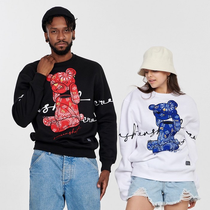 무니크영 F1122  남녀공용 빅사이즈 프린트 자수 패치 오버핏 페이즐리 패턴 베어 맨투맨