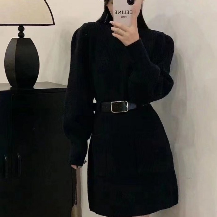 시연 부드러운 코디 슬림핏 라운드넥 니트 원피스 벨트포함