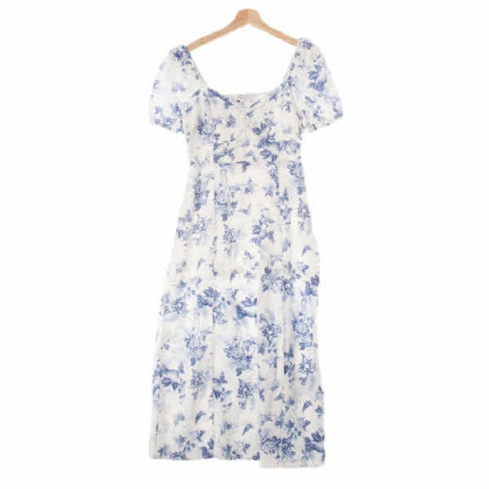 4634 andother stories 화이트블루 플라워패턴 린넨혼방 오픈숄더맥시드레스 [170/92a]