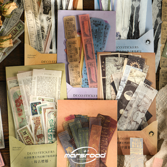 마스로드 세로 빈티지 라벨 다꾸 스티커 팩 6종 감성 고전 레트로 꽃 우주 티켓 영문 테이프 다이어리 꾸미기 스티커모음