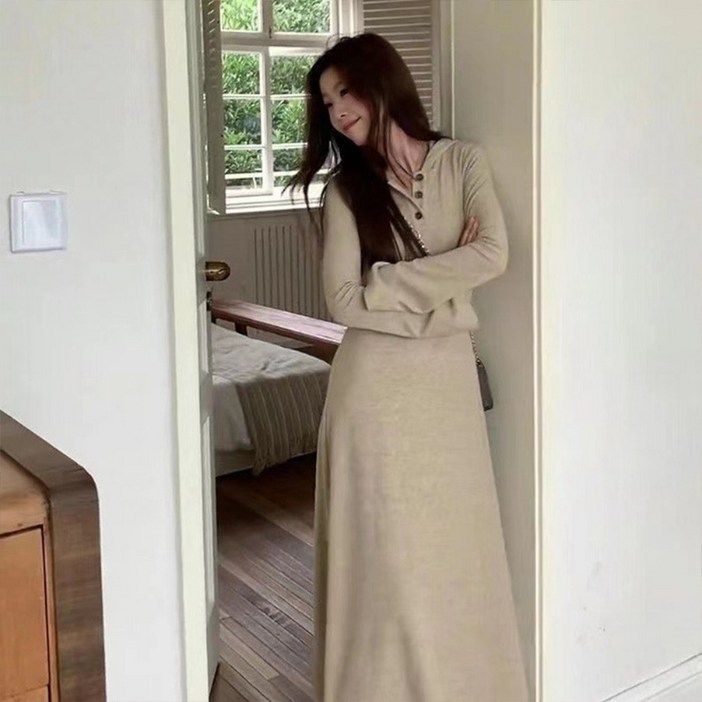 AOKADA 여성 봄 가을 후드 슬림 긴팔 A라인 롱 니트 원피스