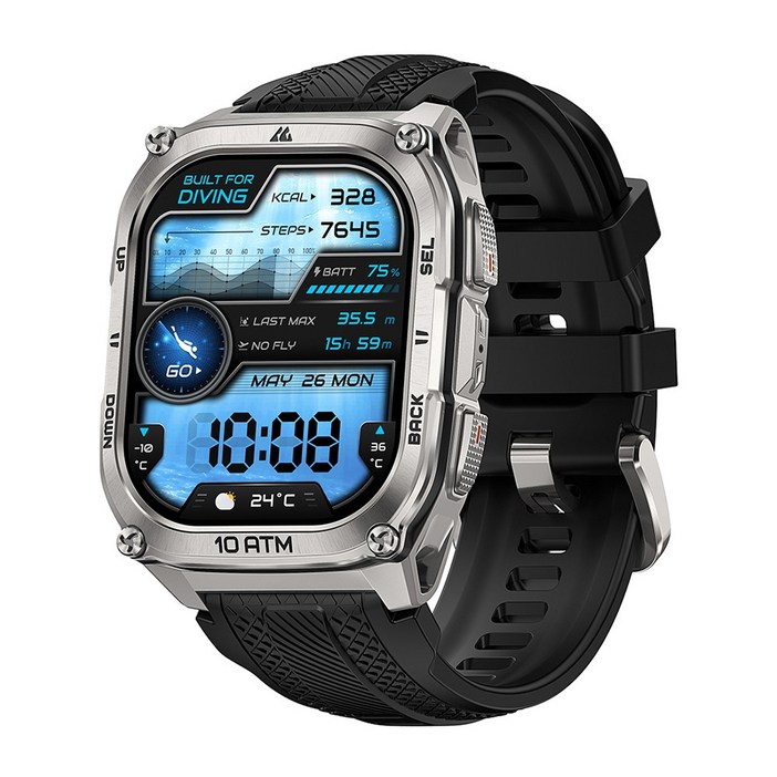 KOSPET 스테인리스 스틸 10ATM IP69K 방수, 군용 인증 듀얼 주파수 GPS, 오프라인 지도, 500mAh 6 개의 위성 위치 결정 시스템 TANK M4 스마트워치, GPS + 블루투스, 4.98cm, silver