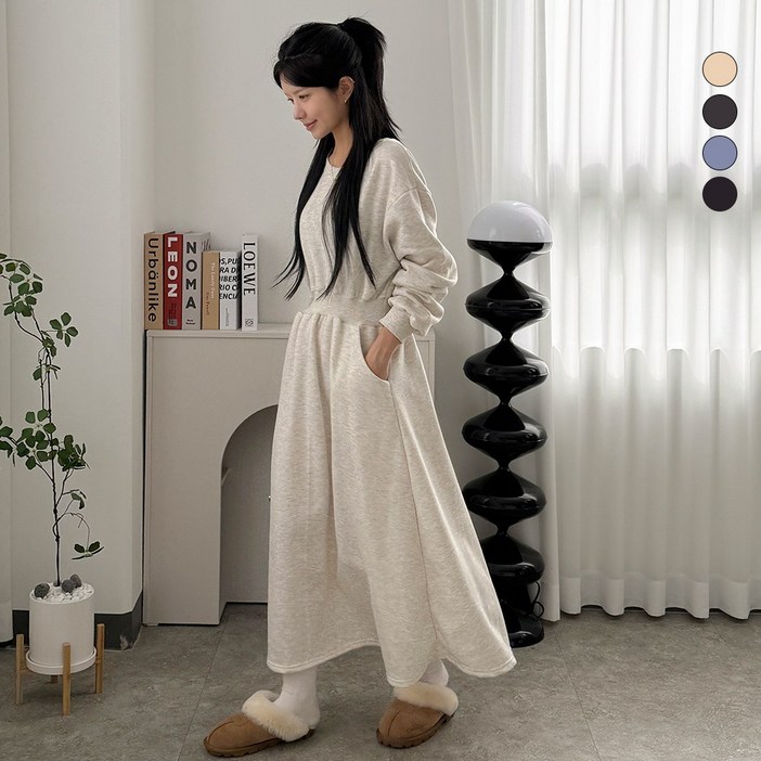 디테일웨어 여성 기모 뮤즈 롱원피스 허리 통밴딩 오버핏 플레어 스커트 포켓 편한원피스 강아지 산책 임산부 원피스