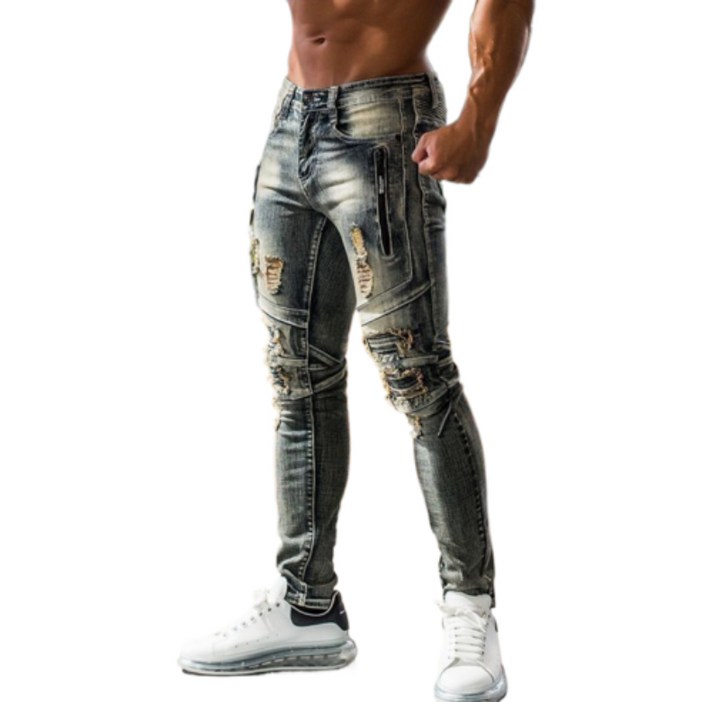 남성용 슬림 스판 찢어진 청바지 패션 카고바지 오토바이 라이더 바이커 작업복 뉴타임즈 12CW1404