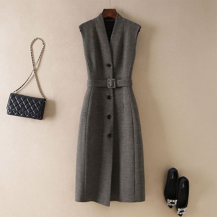 AOKADA 여성 가을 겨울 슬림핏 브이넥 민소매 하객룩 오피스룩 원피스