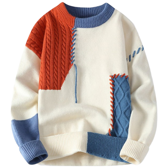 남성 꽈배기 배색 니트 스웨터 가을 겨울 유니크 패치워크 라운드넥 WI014N