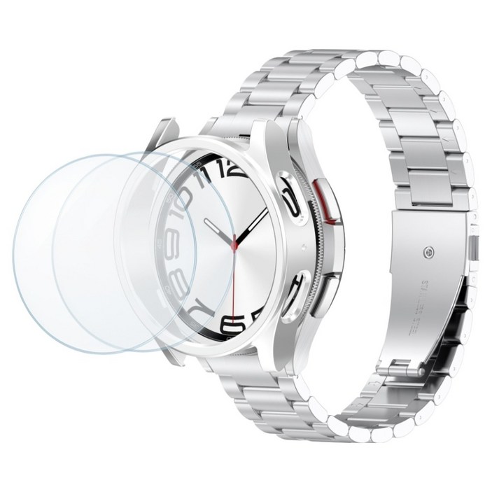 칸탐 갤럭시워치 6 클래식 메탈 스트랩  강화유리 필름  하드케이스 세트, 실버, 1개