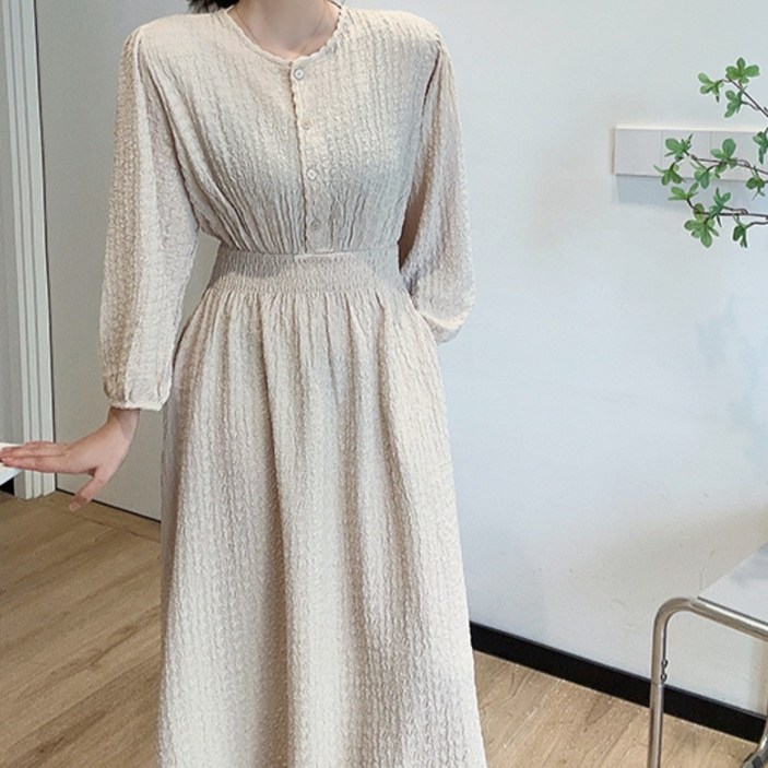 라라온 헨리넥 크링클 허리 스모크 롱 원피스 25TSP3540