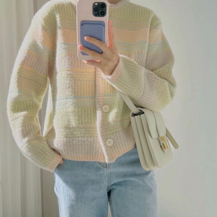 시크힐즈 여성용 레인보우 짜임 버튼 디트 가디건 00100 T