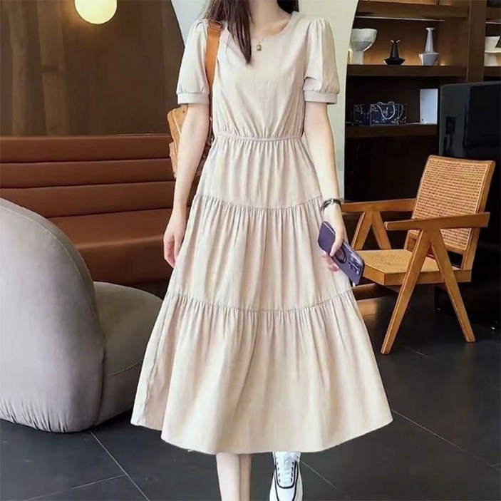 AOKADA 여성 라운드 퍼프소매 A라인 롱 캉캉 원피스