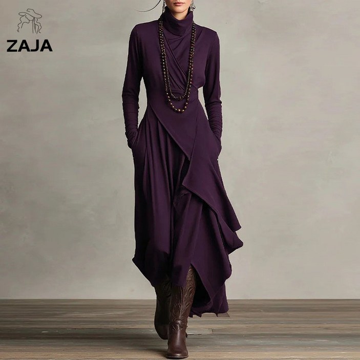 ZAJA 여성 목폴라 원피스 솔리드 긴팔 터틀넥 롱원피스