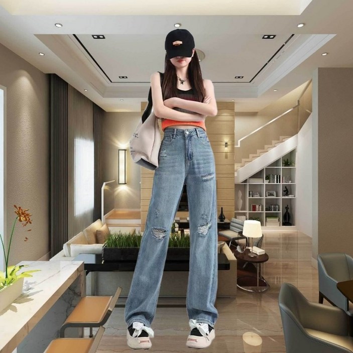 여성 찢청 일자 찢어진 청바지