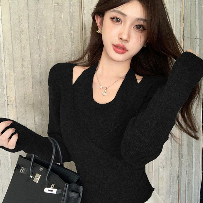 메이킹유 쇄골여신연말룩 투인원 홀터넥 레이어드 크로스 랩니트 스웨터 러블리무드 데이트룩 WC6542미아나니트