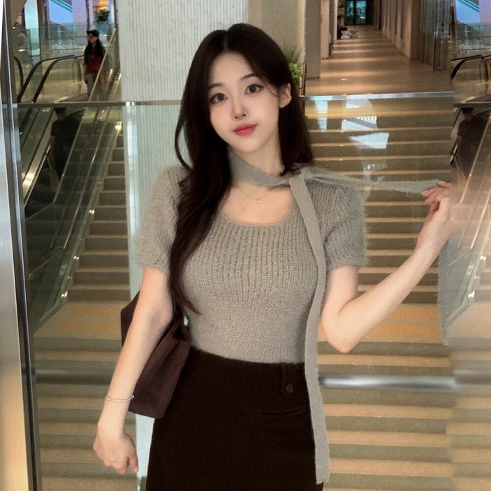 워너비뮤즈  복슬포근머플러set 솔잎 반팔 니트 타이 세트